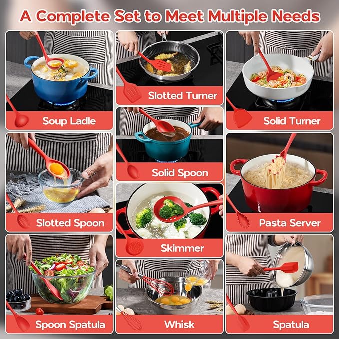 Onader 10 Pieces Cooking Utensils Set, Red Silicone Kitchen Utensils Set for Cooking, Non Toxic & Heat Resistant