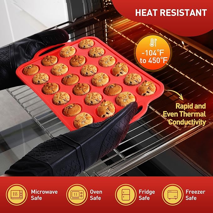 Socisen 24 Cups Silicone Muffin Pan with Metal Reinforced Frame Mini Size Cupcake Pan Tray Egg Bites Silicone Circle Cookie Molds Muffin Tin Tart Pans Baking Sheet Set for Breakfast Sandwiches Round