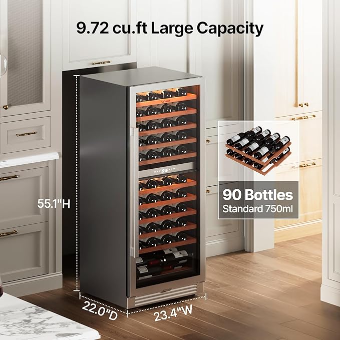 Ca'Lefort 90 Bottle Wine Fridge - 24 Inch Dual Zone Wine Cooler 40-65°F with Bottom Drawer, 10 Adjustable Shelves & 3 LED Lights, Energy Star Certified Built-in or Freestanding for Home/Bar/Kitchen