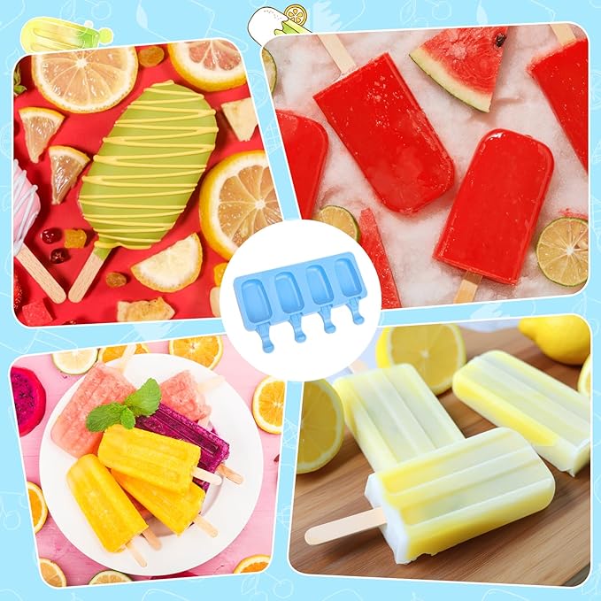 SAYAYA 2 Set Silicone Popsicle Molds with 100 Sticks, Reusable 4 Cavities Homemade Cake Pop & Cakesicle Mold for DIY Ice Cream, Ice Pop, Easy Release & Dishwasher Safe for Kids Family (Blue & Green)