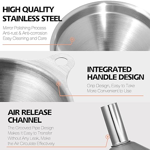 Anaeat Stainless Steel Mini Kitchen Funnel Set, 3 Pack Durable Metal Filling Funnels for Transferring Liquid, Dry ingredients, Cosmetic Lotion, Fluid, Spices, Powder - Food-Grade & High Heat Resistant