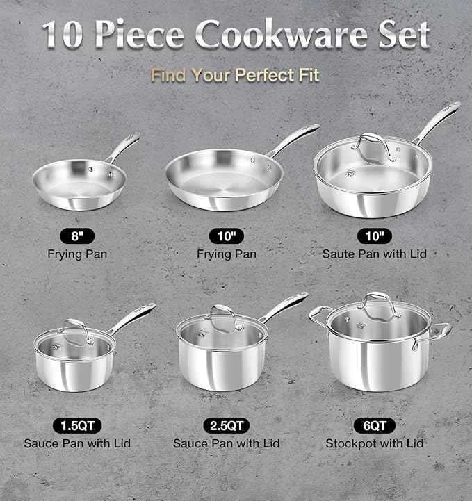 KOCH SYSTEME CS Tri-Ply Stainless Steel Cookware Set 10 Piece, Professional 18/10 Stianless Steel Pots and Pans Set, Oven & Induction Safe, Non-Toxic Kitchen Cookware Set for Family Cooking, 10pcs