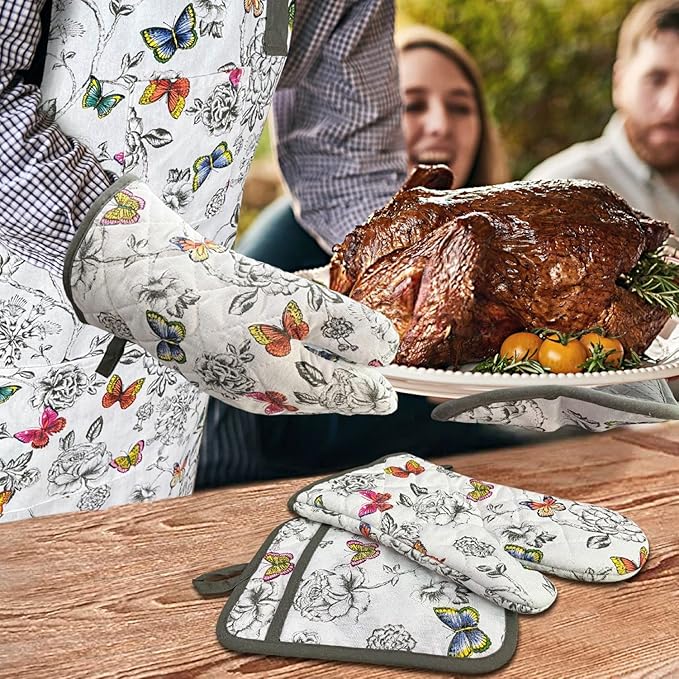 Alselo Oven Mitts and Pot Holders with Chaf Apron,Set of 5 Heat Resistant Kitchen Gloves and Silicone Non-Slip Potholders Adjustable Neck Buckle Apron, Cotton Nice Design for Cooking (Butterfly)