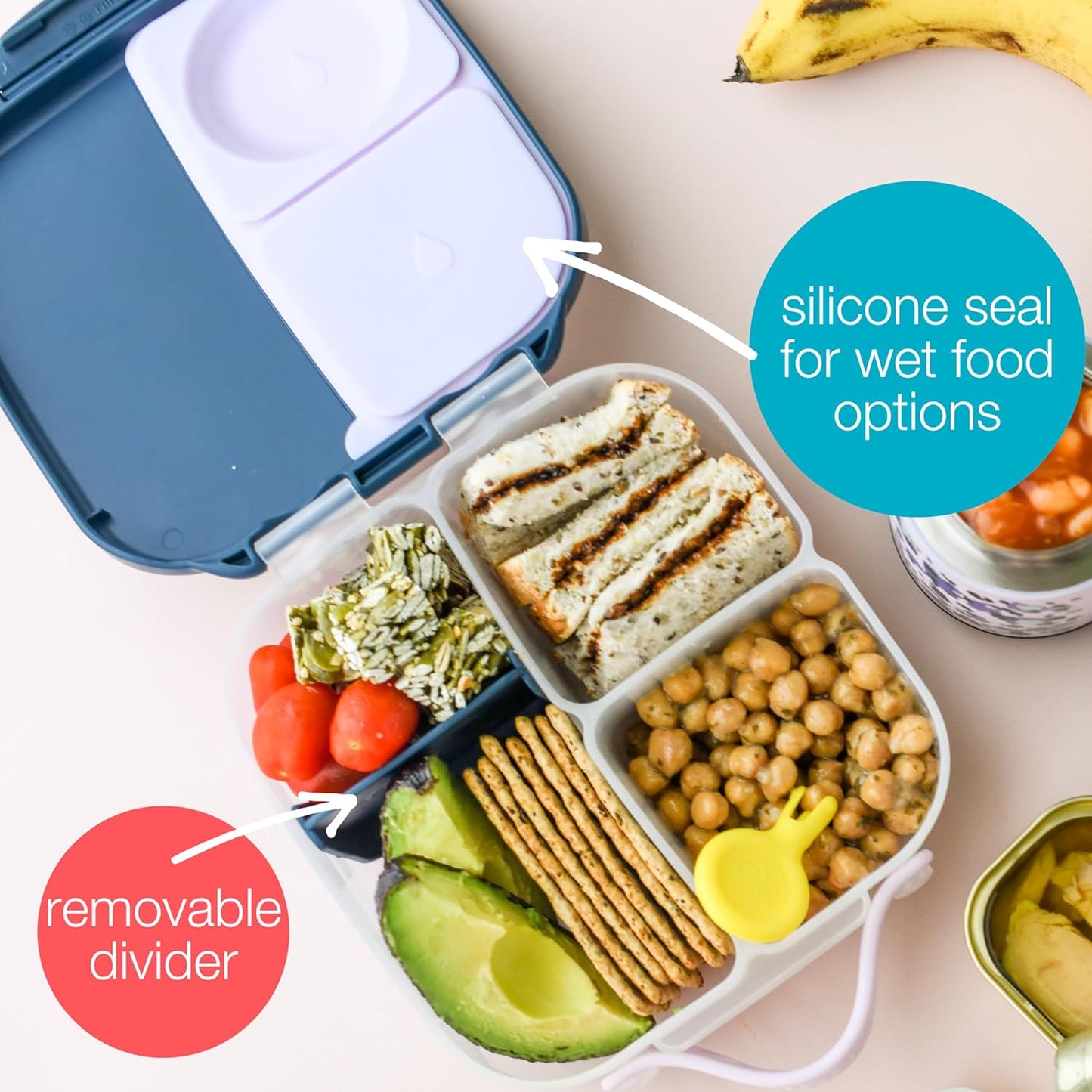 b.box Mini Lunch Box, Bento Box for Kids, Snack Container with 2 Leak Proof Compartments, Reusable Snack Containers with Lids, Kids Lunch Boxes Ages 3+, BPA Free, 4 1/4 Cup Capacity (Chill Out)