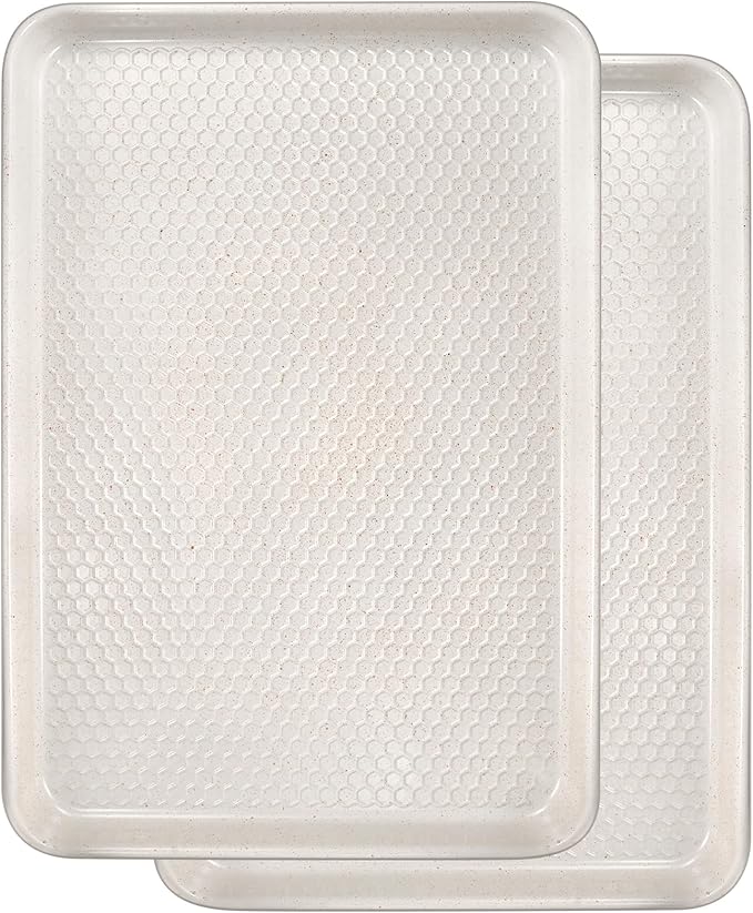 Wildone 2 Pack Half Sheet Baking Pans, Honeycomb Embossed Nonstick Baking Sheet 17.5x12 In, Thicker Carbon Steel Cookie Sheet, Even Heating & Warp Resistant, White