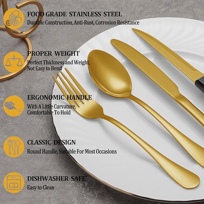 48 Pcs Gold Silverware Set with Steak Knives, Stainless Steel Flatware Cutlery Set Service for 8, Kitchen Tableware Sets, Utensil Sets for Home and Restaurant, Knives Forks Spoon, Dishwasher Safe