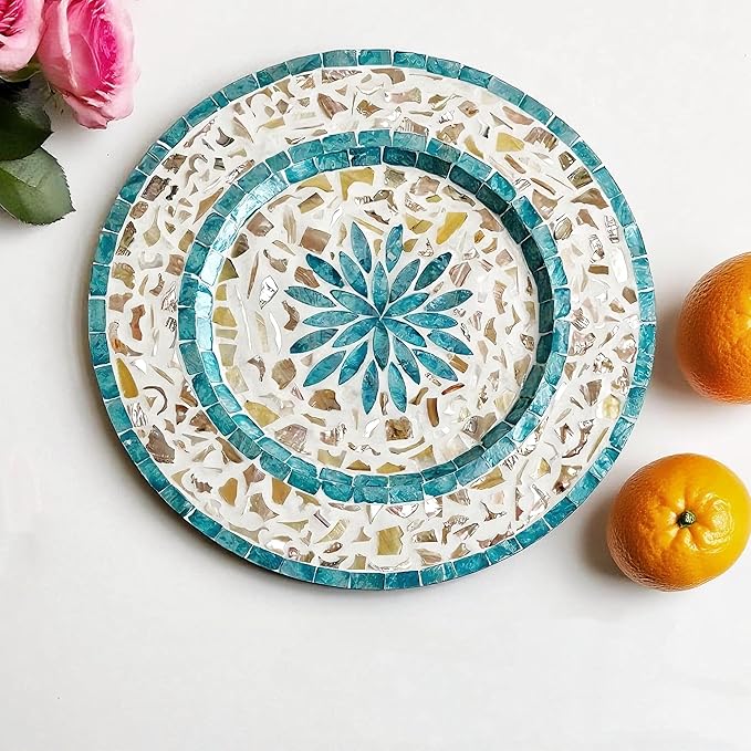 13 Inch Mother of Pearl Shell Placemat Plate – Large Round Decorative Heat for Table or Kitchen, Cabinet, Tabletop (Blue Leaf, 13 Inch)