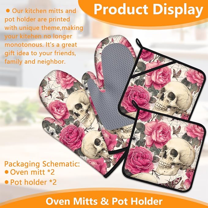Skull Rose Oven Mitts and Pot Holders Sets 4Pcs Silicone Non-Slip Mitts Heat Resistant Gloves Hot Pads for Kitchen Cooking Baking Grilling BBQ
