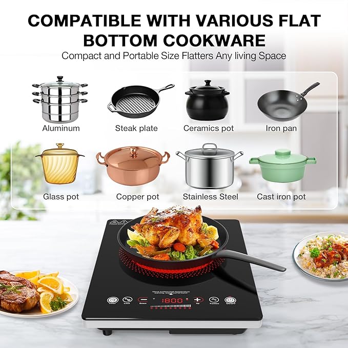 VBGK Single Burner Electric Cooktop,110V 1800W Electric Stove Top with LED Touch Control,Single electric burner 9 Power Levels, 4 hTimer, Safety Lock,Overheat protection
