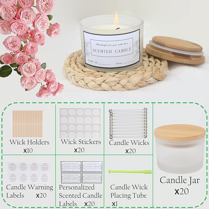 MILIVIXAY 20 Pack 4 OZ Frosted White Glass Candle Jars with Lids and Candle Making Kits - Bulk Wide Mouth Small Empty Candle Jars for Making Candles - Spice, Powder Containers.
