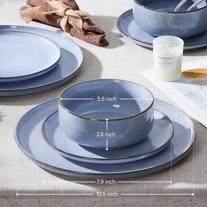 E-far 24-Piece Reactive Glaze Dinnerware Sets, Ceramic Dishes Set for 8, Stoneware Plates and Bowls Dinning Ware, Microwave & Dishwasher Safe - Ocean Blue