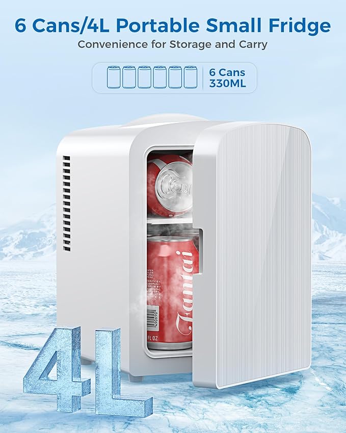 Electactic Mini Fridge, 4L/6 Cans Cooler & Warmer Portable Compact Refrigerator, Small Skincare Fridge for Makeup Food and Drinks, Small Cooler for Bedroom, Cosmetics, Car, Office, White