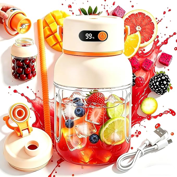 Portable Electric Juicer Cup with Zero Cord Hassle,Fresh Juice Mini Fast Portable,18000 Rpm High Speed with Digital Display&Leakproof Lid,Automatic Cleaning with Straw and Two Lids (1200ml/43.22oz)