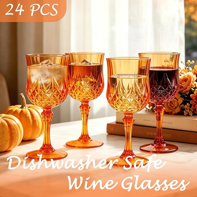 Plastic Wine Glasses, Plastic Goblets Vintage Style Cordial Unbreakable Drinking Glasses, Reusable Drinkware for Wedding Reception, Grand Event Party Supplies (24, Pumpkin orange)