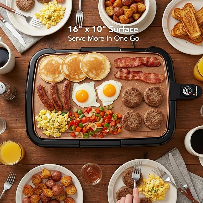 OVENTE Electric Griddle with 16 x 10 Inch Flat Non-Stick Cooking Surface, Removable and Adjustable Temperature Control, Indoor Grill for Instant Breakfast, Pancakes, Eggs or Burgers, Copper GD1610CO