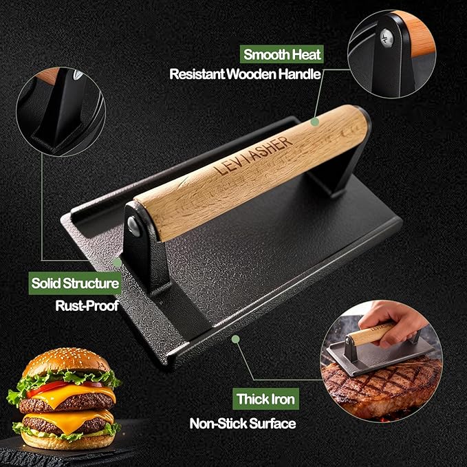 2.2lbs Heavy-Duty Cast Iron BBQ Grill Press for Bacon Burger Sandwich Steak Meat Paninis Vegetable, Griddle Food Press for Weber Blackstone Chef Pitboss Cooking, Rectangular Wood Handle