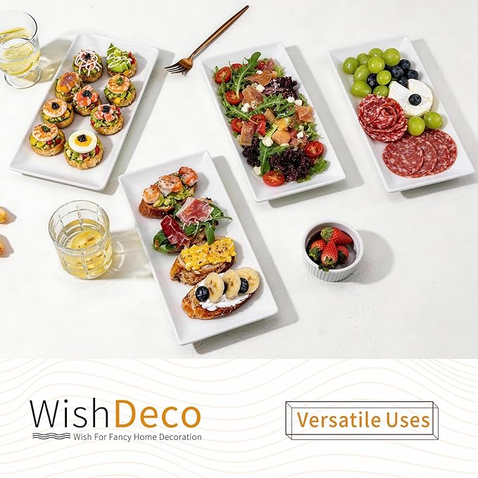 WishDeco Ceramic Serving Platters Set of 4, Rectangle Serving Trays 12 inch, White Serving Plates, Long Platter for Cake, Steak, Sushi, Appetizer