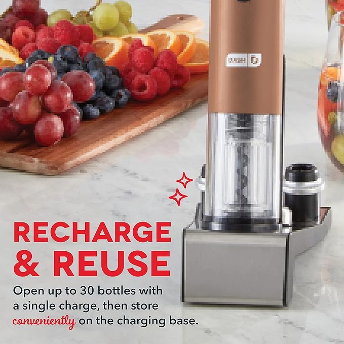 Dash Serve & Preserve Wine Set – Rechargeable Electric Wine Preservation System – Wine Bottle Opener, Vacuum Sealer, 2 Reusable Caps + Charging Base – Rose Gold
