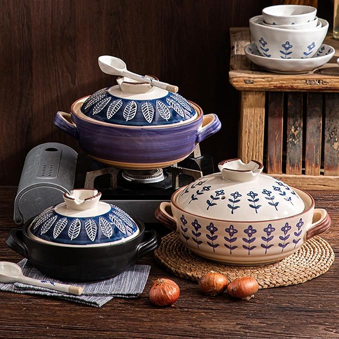 Ceramic Casserole, Japanese Clay Pot Donabe Stone Rice Pot With Lid, Earthen Pot Stockpot Ceramic Casserole Cooker Healthy Cookware Stove Pot Soup Hot Pot(Color:F)