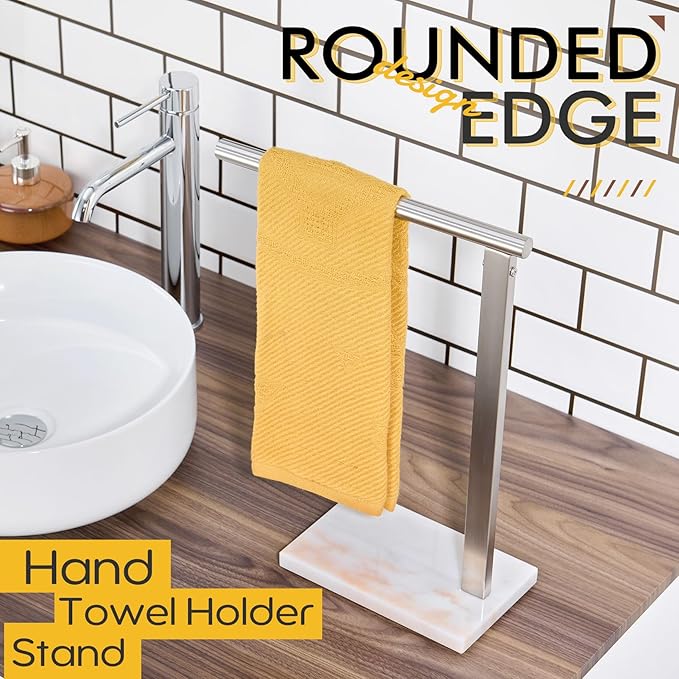 KOKOSIRI Hand Towel Holder Standing Towel Rack with Steady Marble Base for Bathroom Vanity Countertop, Brushed Stainless Steel 15.7'' Height THS0006-BR