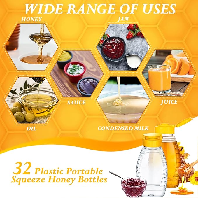 Eccliy 32 Pcs Clear Plastic Honey Jar Empty Honey Bottles with Caps Refillable Containers Leakproof Squeeze Bottle Container Holder with Flip Lid for Storing (12 oz,Yellow)