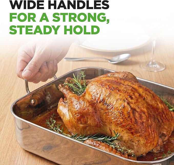 NutriChef Premium Stainless Steel Roasting Pan with Rack – Heavy‑Duty 14″ Turkey Roasting Pan for Turkey, Chicken & Meats (Wide Handles, Dishwasher Safe)