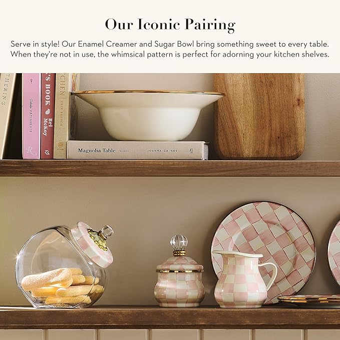 MACKENZIE-CHILDS Enamel Creamer and Sugar-Bowl Set, Cream Dispenser and Sugar Holder, Unique Kitchen Decor, Pink-and-White Rosy Check