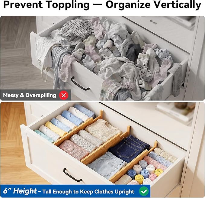 4 Pack Deep Drawer Dividers, 6" High Bamboo Expandable Drawer Organizers, 17-22" Adjustable Tension Separators, Large Drawer Dividers for Kitchen, Bedroom Dresser, Baby Nursery & Bathroom