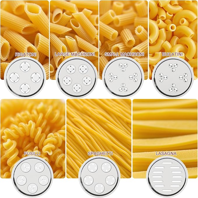 Gourmet Pasta Press Attachment for Kitchenai Stand Mixer, Pasta Maker Attachment with 7 Interchangeable Plates, Pasta Extruder Attachment for Spaghetti Bucatini Fusilli l Macaroni (Standard)