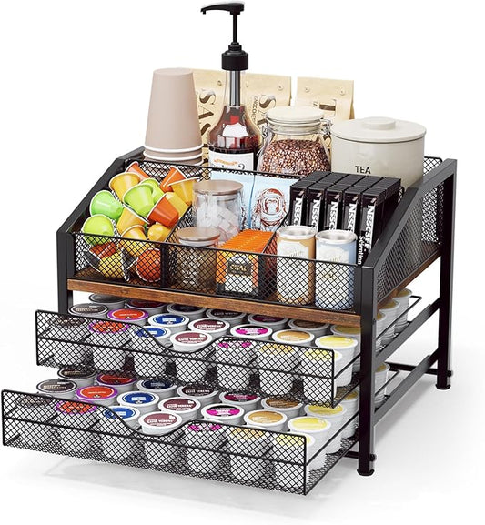 Homsorout Coffee Bar Organizer - Coffee Station for Countertop, Metal and Wood K Cup holder Storage Basket for Coffee Pods, Syrup, Cups, Stirrer, Coffee Condiment, Tea Organizer, Black and Brown
