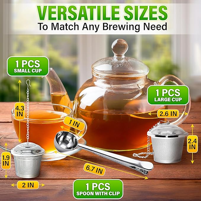 Set of 1 Large Tea Infuser, 1 Small Infuzers & Scoop With Bag Clip - Stainless Steel Tea Infuser for Loose Leaf Tea Steeper Tea Strainers for Loose Tea Diffusers for Loose Tea - Loose Tea Leaf Steeper
