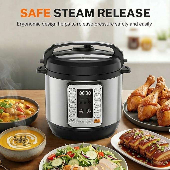 Simple Deluxe 6QT Electric Pressure Cooker, 16-in-1 & Non-Stick Stainless Steel Multi Cooker with 12 Presets for Slow Cook, Meat Stew, Steam, Sauté, Canning, Yogurt Maker, Dishwasher Safe, Silver