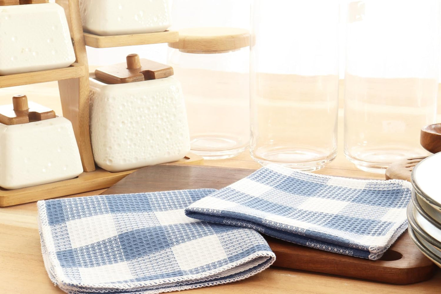 Waffle Weave Plaid Dish Cloths, 100% Cotton - 12 x 12 Inches, Ultra Soft Absorbent Quick Drying Dish Towels Buffalo Check Dish Rags for Kitchen, 6 Pack - Spring Summer - Smoky Grey and White