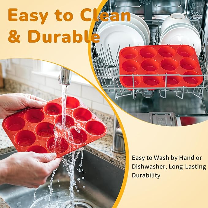 2 Pack Silicone Cupcake Pan for Baking, Nonstick Silicone Muffin Pans, 12 Cups Regular Size Cupcake Pan, Durable and Flexible, Quick-Release, Easy to Clean, Ideal for Home Baking and Party, Red