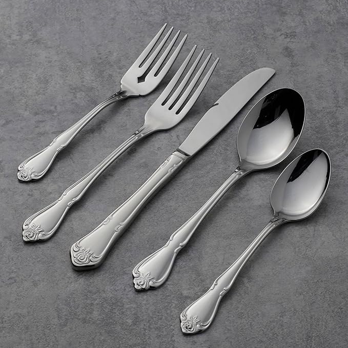 Oneida Silverware Set, Oneida True Rose Everyday Flatware Dinner Forks Set, Service For 4, 18/0 Stainless Steel Fork Sets, Rust Resistant, Dishwasher Safe, Dining Utensils Sets (Silver, 4 Piece)