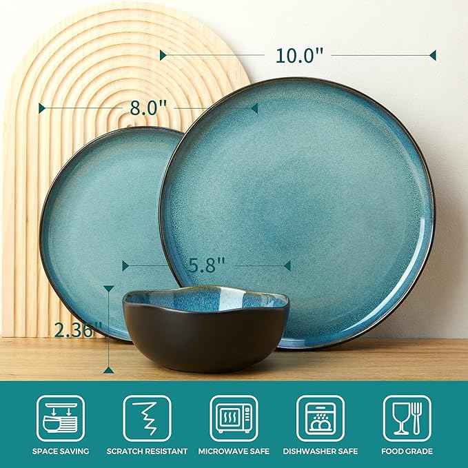 Stoneware Dinnerware Sets, Kitchen Plates and Bowls Set, Ceramic Dish Set for 4, Modern Chip & Scratch Resistant Dishware Sets, Durable Reactive Glaze Dinner Set, Green Black
