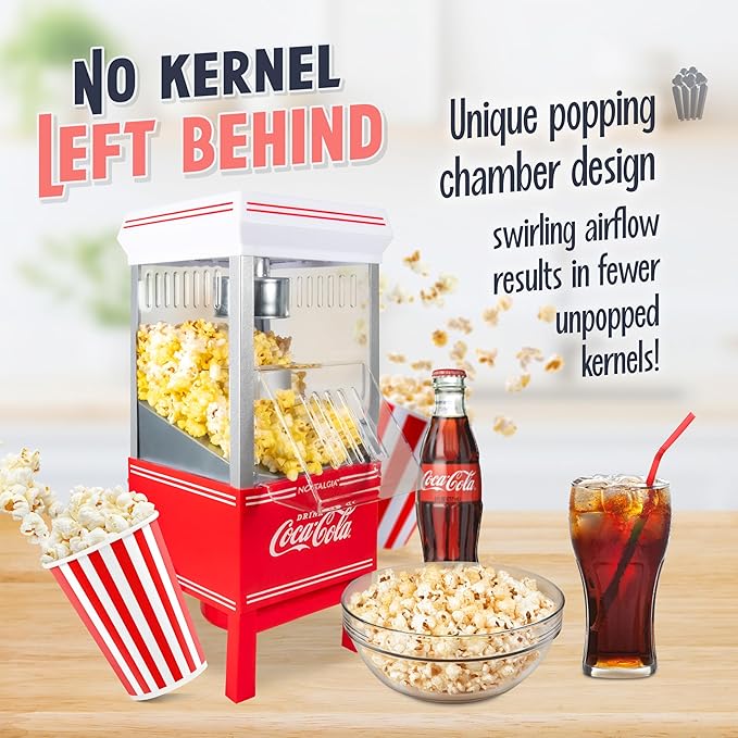 Nostalgia Vintage Coca-Cola Hot-Air Popcorn Maker Machine - Makes Up to 12 Cups - Oil-Free - Healthier Popcorn - Classic Stand-Up Cart With Wheels - Includes Kernel Measuring Cup - White & Red
