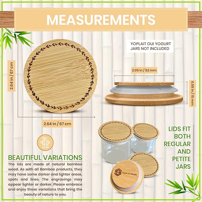 4-24 Piece Sets of Oui Yogurt Jar Lids | Made of Bamboo Wood, Stainless Steel, or Food Grade Silicone | Fit Yoplait Yogurt Regular & Petite Jars (Bamboo Leaves Ring - 24 pcs with Labels & Storage Bag)