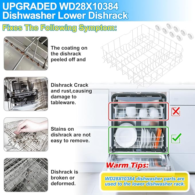 Upgraded WD28X10384 WD28X10309 Dishwasher Lower Rack Compatible with GE Dishwasher Rack Replacement Parts,WD28X10166 WD28X10165 General Electric Dishwasher Parts Bottom Rack GLD4560V00SS with Wheels