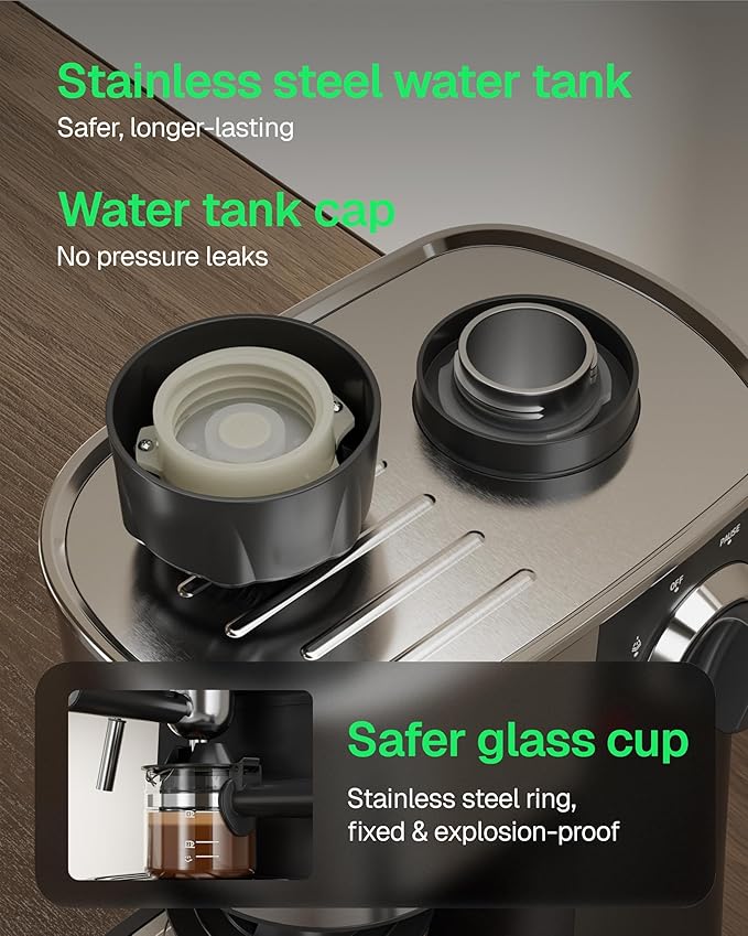 HBN Espresso Machine, 3.5Bar Cappuccino & Latte Maker, 2-4 Cup Stainless Steel Coffee Machine with Milk Frother, 800W Espresso Machine Maker with Steamer, Compact Coffee Maker for Home and Office