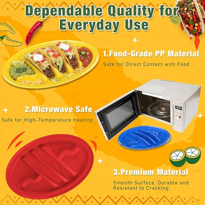 30 Pack Taco Plates Holders with Dividers 3 Color Plastic Taco Trays with 4 Dipping Areas Cinco De Mayo Tacos Night Party Supplies, Stand up Divider for 2 Tacos Tuesday Mexican Party