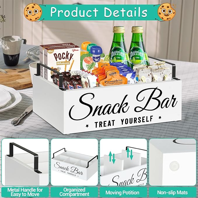 Snack Organizer for Countertop, Wood Pantry Storage Bins with Handles, Snack Bar Organizer for Pantry Shelf, Kitchen, 4 Compartment Food Container Snack Box, Pantry Organizer for Snacks, Chips