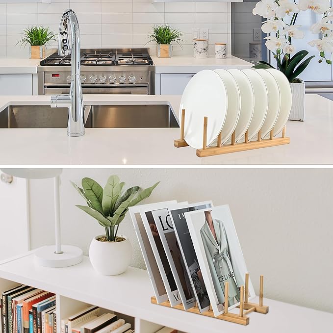 INNERNEED Bamboo Wooden Dish Rack, Vertical Plate & Lid Organizer for Kitchen Cabinet or Countertop, Drying Stand for Dishes, Cutting Boards