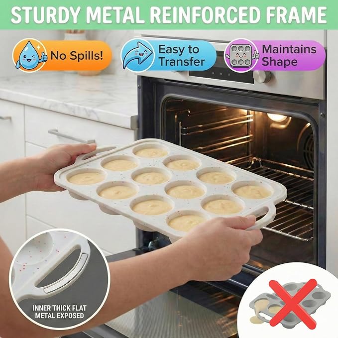 BAKE BOSS 2-Pack Silicone Muffin Pan for Baking with Metal Reinforced Frame -12 Cup Regular Size Cupcake Pan, BPA Free Silicone Muffin Tray - Cupcake Baking Pan Molds for Oven & Dishwasher Safe