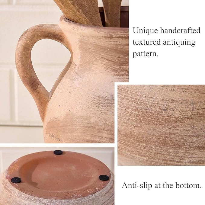 MIYUKI Rustic Kitchen Utensil Holder - 7.6 Inch Ceramic Utensil Crock for Countertop, Vintage Kitchen Counter Decor