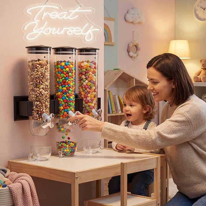 Lounsweer 6 Pcs Wall Mounted Cereal Dispenser with 1pcs Treat Yourself Neon Signs 9 L Candy Machine Grain Dispenser Neon Snack Sign Wall Mount for Home Kitchen Food Store Birthday Gift Party Decor