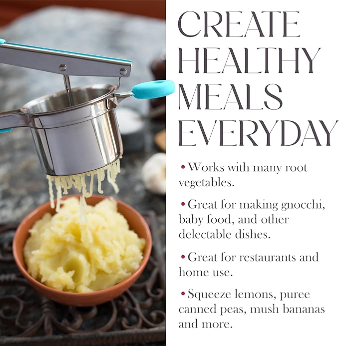 Bellemain Potato Ricer 15 oz with 3 Interchangeable Discs Mash Potato Masher Stainless Steel, Sweet Potato Masher Kitchen Tool Spaetzle Maker Press, Khuon Banh Lot, Spaetzle Noodle(AQUA BLUE), Medium