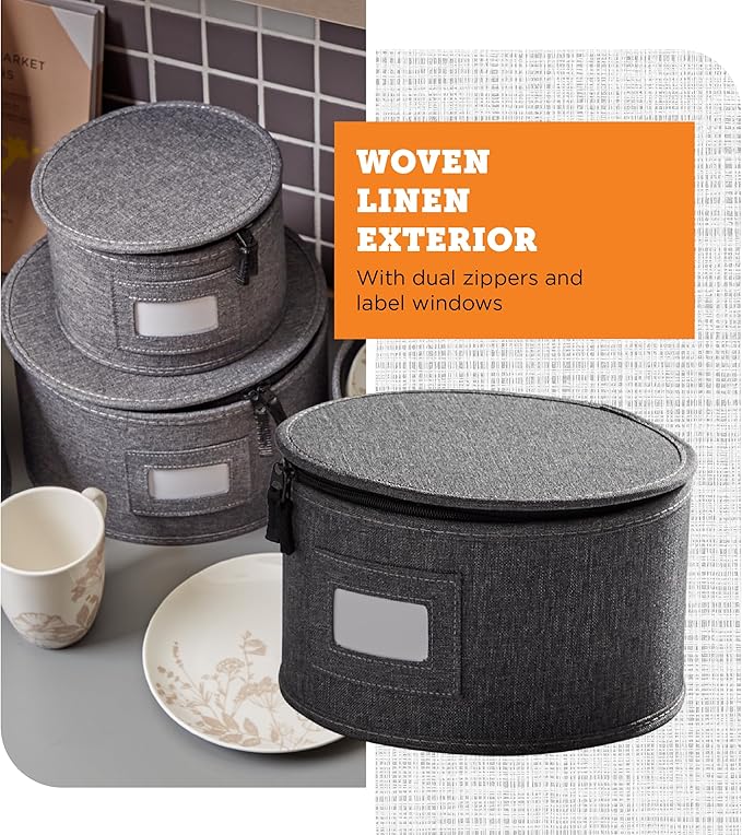 storageLAB China Storage Containers, Hard Shell Case with Felt Dividers for Charger Plates, and Dishes, Ideal for Kitchen Organization, Moving Supplies, and Fine China Storage - 4-Piece Set, Gray