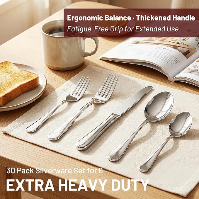 KIKCOIN 30 Pack Silverware Set for 6, Food-Grade Stainless Steel Flatware Set, Heavy Duty Mirror Polished Cutlery Utensils Set with Knives Spoons and Forks Set for Home Kitchen Restaurant Wedding
