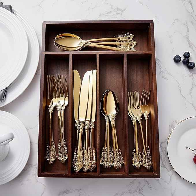 KEAWELL Luxury 45-Piece Flatware Set, 18/10 Stainless Steel Tableware, Service for 8, Antique Baroque Gold-Plated Silverware Set (Gold)